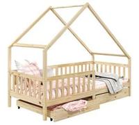 Lit cabane ALVA lit enfant simple asymétrique en bois 90 x 200 cm montessori, avec rangement 2 tiroirs, en pin massif naturel Naturel G