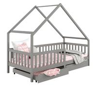 Lit cabane ALVA lit enfant simple asymétrique en bois 90 x 200 cm montessori, avec rangement 2 tiroirs, en pin massif lasuré gris