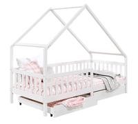 Lit cabane asymétrique ALVA avec tiroirs, 90 x 200 cm en pin massif lasuré blanc