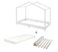 Lit Cabane Au Sol 70 X 140 Cm - Roba - Avec Matelas Roulé Et Sommier À Lattes - Blanc Blanc