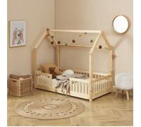 Lit cabane avec barrières TINY pin massif 70x140 sommier inclus - Bois