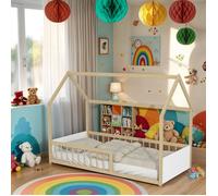 Lit cabane BALOO 90x190 + 1 sommier / Blanc et Bois clair