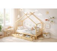 MINEA | Lit cabane pour Enfant 90x190 cm en Bois Naturel avec Deux tiroirs de Rangement Bambino (Matelas Non Inclus)