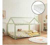 Lit cabane Cerro avec matelas à mousse froid bois de pin contreplaqué 140 x 200 cm vert menthe