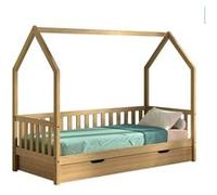 Lit Cabane Chêne Massif 90x200 + Tiroir Beige G