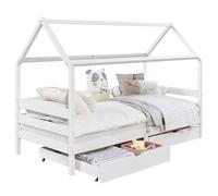 IDIMEX Lit cabane CLIA lit Simple pour Enfant Montessori 90 x 190 cm avec Rangement 2 tiroirs et barrières de Protection sur 3 côtés, en pin Massif lasuré Blanc