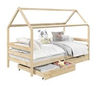 Lit cabane CLIA lit simple pour enfant montessori 90 x 200 cm rangement 2 tiroirs et barrières sur 3 côtés, pin naturel
