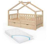 Vitalispa lit cabane Design, Naturel bois, 80x160 cm avec 2 tiroirs et matelas