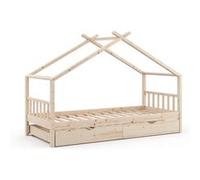 VITALISPA Lit enfant DESIGN, lit cabane, lit d’appoint, sommier à lattes, naturel, 90 x 200, tiroir