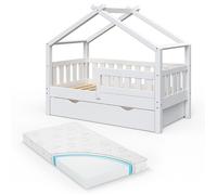 Lit cabane Design, 70x140 cm avec tiroir et matelas, Blanc, Vitalispa