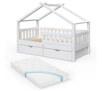 Lit cabane Design, 80x160 cm avec 2 tiroirs et matelas, Blanc, Vitalispa