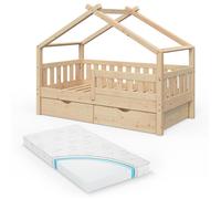 Lit cabane Design 80x160 cm avec 2 tiroirs et matelas Naturel bois Vitalispa