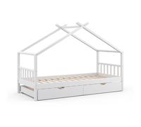 VitaliSpa Lit cabane Design, Blanc, 90x200 cm avec lit d'appoint, avec barrière de sécurité et sommier à Lattes pour Un Sommeil en Toute sécurité