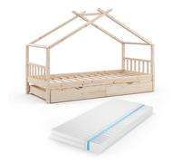 VitaliSpa Lit cabane Design, Naturel Bois, 90x200 cm avec lit d'appoint et Matelas, avec barrière de sécurité et sommier à Lattes pour Un Sommeil en Toute sécurité