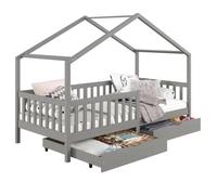 Lit cabane ELEA lit enfant simple montessori 90 x 200 cm, avec 2 tiroirs de rangement, en pin massif lasuré gris