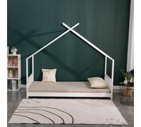 Lit cabane en pin massif 90x190 cm blanc avec 10 lattes en contreplaqué peuplier - modèle Nikita - montage rapide et facile