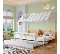 Lit cabane enfant 120x200 avec lit gigogne 120x190 cm, toit avec bande de cheminée, Lit double à lattes, Cadre de lit en bois