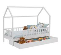 IDMarket Lit cabane enfant NEREE 80 x 160 cm blanc avec 1 tiroir gigogne et de rangement