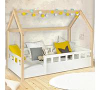 IDMarket – Lit cabane NEREE 80 x 160 cm blanc et hêtre avec sommier et barrières
