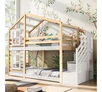 Lit cabane Enfant 90 x 200 Rangement,lit superposé Enfant avec tiroir et Protection antichute,lit Mezzanine 2 Places escalier avec sommiers à Lattes -,Naturel & Blanc