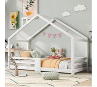 Lit cabane enfant 90 x 200cm, avec protection contre les chutes et cheminée, sommiers à lattes robustes, en bois de pin, blanc