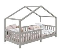 Lit cabane Enfant 90x190 cm LISAN lit Simple Montessori avec Barrières de Protection en Bois Massif lasuré Gris