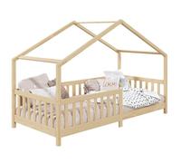 Lit cabane enfant 90x190 cm LISAN lit Simple montessori avec Barrières de Protection en Bois Massif finition naturelle