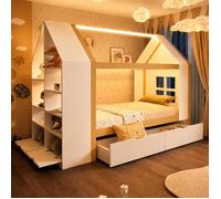 Lit Cabane Enfant 90x200 avec LED, Bois Massif 2 Tiroirs Rangements, Lit Simple Multifonction Blanc Bois Brut pour Ado