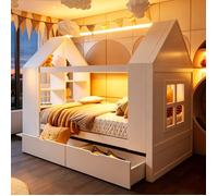 Lit Cabane Enfant 90x200 avec LED, Bois Massif 2 Tiroirs Rangements, Lit Simple Multifonction Blanc pour Ado