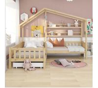 Lit cabane enfant 90x200 cm + 140x70 cm avec tiroir et étagères, Bois massif de pin, Sommier à lattes inclus, Forme en L, Chêne