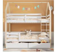 Lit cabane enfant 90x200 cm avec rangements, barrières de sécurité, sommier à lattes, bois blanc et chêne