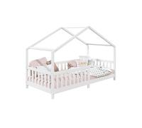 Lit cabane Enfant 90x200 cm LISAN lit Simple Montessori avec Barrières de Protection en Bois Massif lasuré Blanc