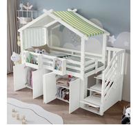Lit Cabane Enfant 90X200 Cm, Lit 1 Personne avec Barrière de Sécurité, 1 Armoire et 2 Casiers, avec 3 Casiers Dans L'Escalier,
