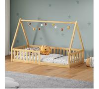 Lit cabane enfant 90x200 cm NICOLAS lit Simple montessori avec Barrières de Protection en Bois Massif, Coloris naturel