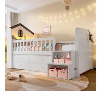 Lit cabane Enfant 90x200cm avec LED,lit superposé Enfant Forme Maison,fenêtre,lit Mezzanine 1 Place avec 4 tiroirs,avec Barriere Bande Lumineuse,échelle de Rangement,Blanc