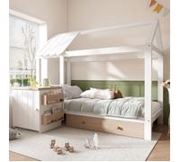 Lit cabane enfant 90x200cm bois massif blanc/chêne - tiroirs, table chevet amovible - lit sol - Avec Matelas