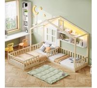 Lit Cabane Enfant avec Lumières LED,Forme Maison,Bois Massif, 90x200 ou 140x70cm,Étagères Intégrées, Design Ludique et LIT EVOLUTIF