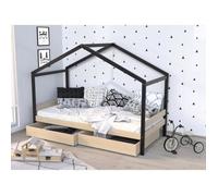 Lit cabane enfant avec tiroirs - WEBER ETOILE - Bois pin massif - Naturel et noir