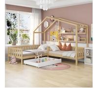 Lit cabane enfant - Bois massif - 90x200cm et 140x70cm - Avec barrière de protection et rangement - Naturel