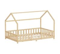 ML-Design Lit Cabane Enfant 120x200 cm Naturel (Beige) en Bois avec Protection Étendue Anti-Chute, Toit et Sommier à Lattes, Style Maison, Couchage Maisonnette Lit Double pour Adolescent Fille Garçon