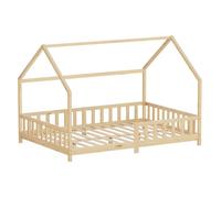 ML-Design Lit Cabane Enfant 140x200 cm Naturel (Beige) en Bois avec Protection Contre la Chute, Toit et Sommier à Lattes, Style Maison, Couchage Maisonnette Lit Double pour Adolescent Fille Garçon