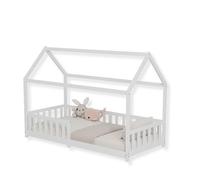 Lit Cabane Enfant - ECOMI - 90x200 cm - Blanc - Barrière de Sécurité - Sommier Inclus