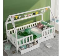 Lit cabane enfant Fortuna Lai,lit simple,90x200cm,avec barrière de protection et tiroirs,fille,garcon,cadre en bois massif,blanc