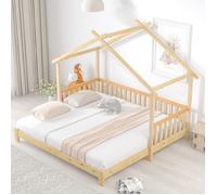 Lit cabane enfant Lit simple et double 200×90 cm et 200×180 cm extensible avec barrière, sans matelas, bois naturel - UVRION