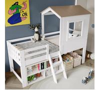 Lit Cabane Enfant Mi-Hauteur 90x200 Blanc/Naturel avec Échelle et Espace de Rangement - Lit Maison avec Fenêtre et Barrières