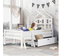 Lit Cabane Enfant Mi-hauteur 90x200 en Bois Blanc avec Échelle, Tiroir de Rangement et Barrières de Sécurité