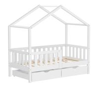 Lit cabane enfant ML-Design 70x140cm blanc bois massif 2 tiroirs antichute toit et sommier à lattes