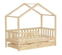 Lit cabane enfant ML-Design 70x140cm naturel bois massif 2 tiroirs antichute toit et sommier à latte