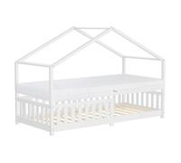 ML-Design Lit Cabane Enfant 90x200 cm Blanc avec Matelas H:16cm, Antichute, Toit et Sommier à Lattes, Pin Massif, Style Maison, Couchage au Sol Montessori pour Fille Garçon Chambre à Coucher