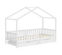 ML-Design Lit cabane enfant 90x200cm blanc en bois massif avec 2 tiroirs antichute toit et sommier à lattes style maison couchage maisonnette